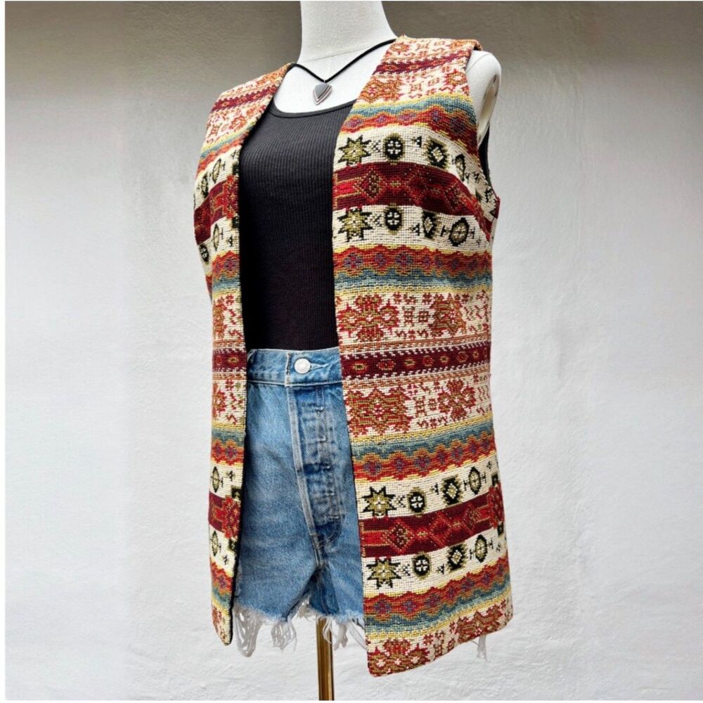 Vintage 70s Joseph Magnin Southwestern Tapestry Vest Long Open-Front Size Medium - Picture 13 of 13